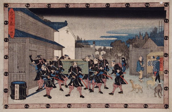 Act X: Ronin Carrying a Basket that Conceals Yuranosuke into Gihei's House, between c1835 and c1839. Creator: Ando Hiroshige.