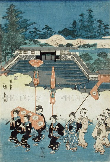 The Daimyo's Ladies Procession at Eastern Capitol: Hachimangu Shrine and Chaki-Inari..., 1845. Creator: Ando Hiroshige.