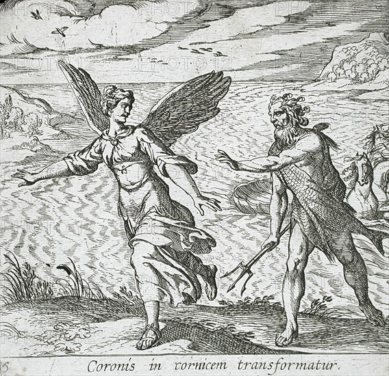 The Daughter of Coroneus Changed into a Crow, published 1606. Creators: Antonio Tempesta, Wilhelm Janson.