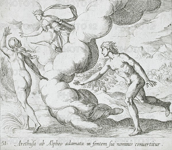 Arethusa Chased by Alpheus, published 1606. Creators: Antonio Tempesta, Wilhelm Janson.