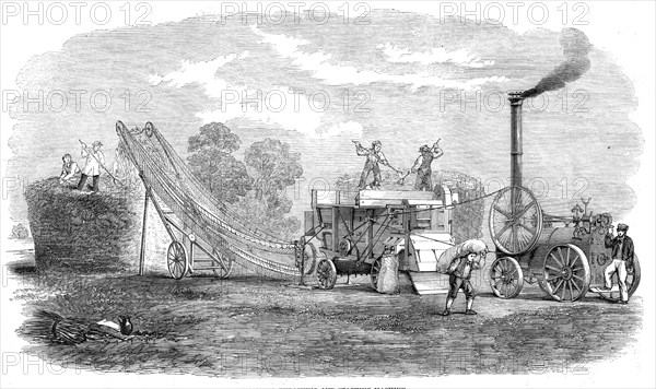 Combined thrashing and stacking machine, 1861. Creator: Unknown.