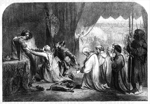 Queen Philippa interceding with her husband Edward III. for the Burgesses of Calais..., 1861. Creator: W Thomas.