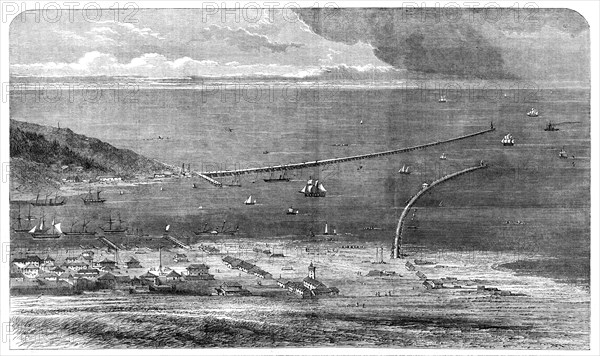 Birdseye view of the Sulina mouth of the Danube, showing the works of improvement lately..., 1861. Creator: Unknown.