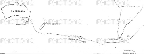 Course of the Damascus from Sydney to Cape Horn on her voyage to London in July and August..., 1861. Creator: Unknown.