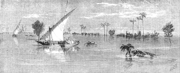 Inundation of the Nile: view below Kafr Zayat, showing the railway-bridge, and train off..., 1861. Creator: Richard Principal Leitch.