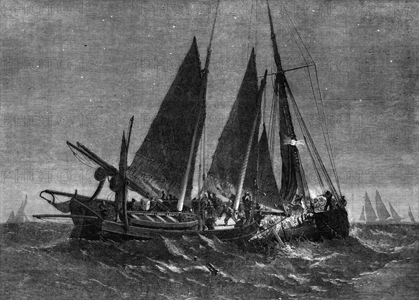 Fight off the North Foreland between the crew of the Prince Arthur fishing-smack of Ramsgate...1861. Creator: Edwin Weedon.