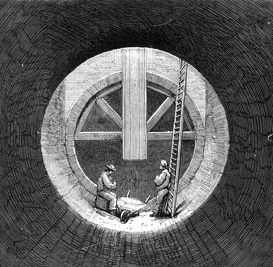 London Main Drainage: bottom of a shaft in the southern high-level sewer at Peckham, 1861. Creator: Unknown.