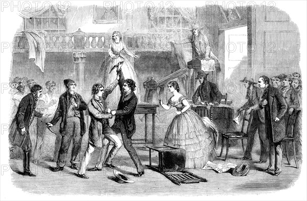 Scene from Mr. Boucicault's new drama at the Adelphi: the Slave Market - sale of the octoroon, 1861. Creator: Unknown.