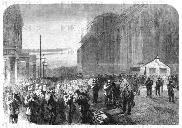 Progress of the Great International Exhibition building: the workmen leaving the grounds, 1861. Creator: Frederick John Skill.