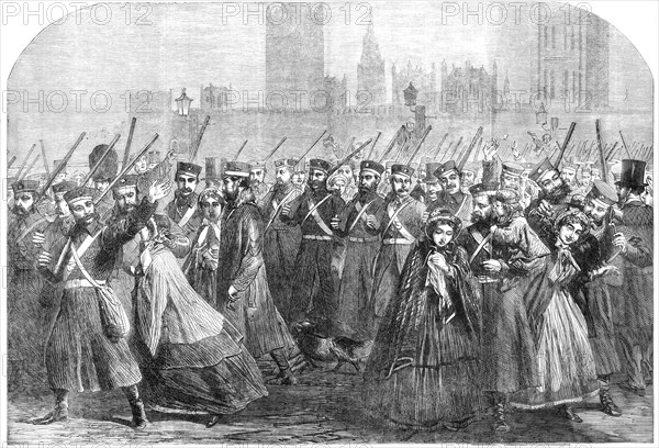 Reinforcements for Canada: the Guards crossing Westminster-Bridge on their way to the..., 1861. Creator: Unknown.