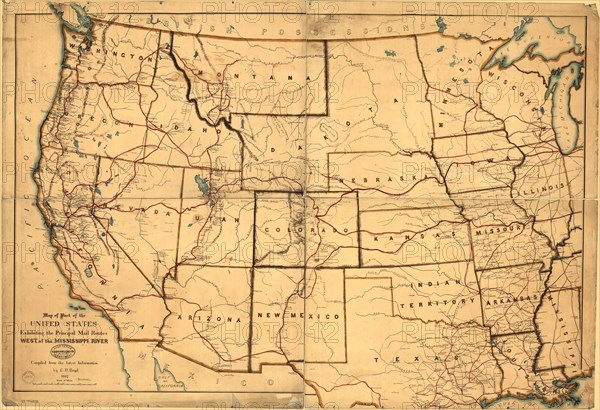 Map of part of the United States exhibiting the principal mail routes west of the Mississip...,1867. Creator: E. D. Boyd.