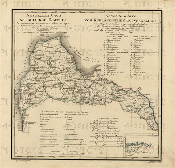 General Map of Courland Province: Showing Postal and Major Roads, Stations and the..., 1820. Creators: Vasilii Petrovich Piadyshev, Iwanoff.