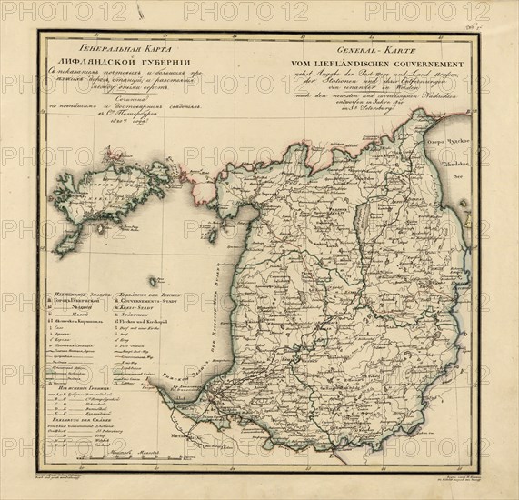 General Map of Livland Province: Showing Postal and Major Roads, Stations and the..., 1820. Creators: Vasilii Petrovich Piadyshev, Iwanoff.