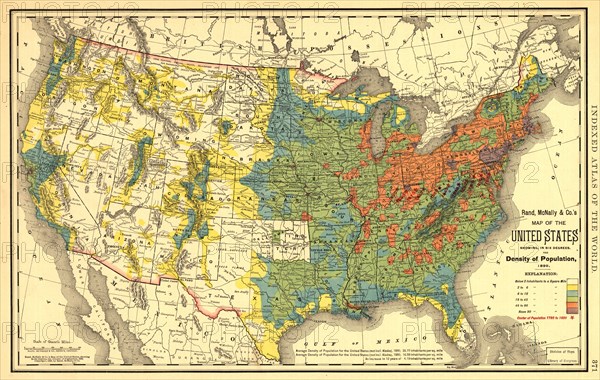 Rand, McNally & Co.'s map of the United States showing, in six degrees the density of pop..., 1890. Creator: Rand McNally.