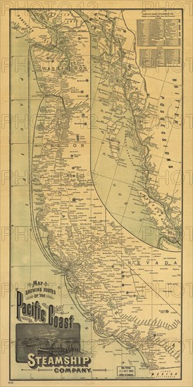 Map showing routes of the Pacific coast Steamship Company, 1891. Creator: Rand McNally.