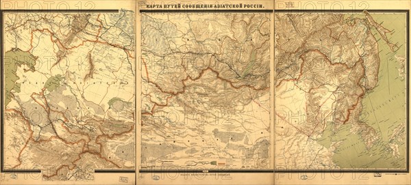 Wall map showing Russian railroads, navigable rivers, highways, and shipping routes, 1901. Creator: Unknown.
