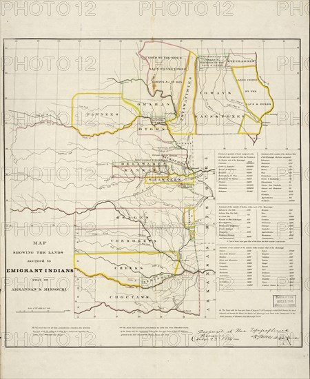 Map showing the lands assigned to emigrant Indians west of Arkansas and Missouri, 1836. Creator: Topographical Bureau.