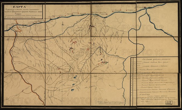 Map showing gold-mining concessions along rivers in the Olekminsk region, Siberia, Russia, 1853.  Creator: Unknown.