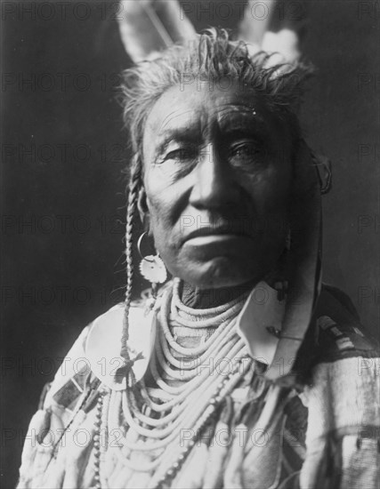 Fish Shows, an Apsaroke Indian, head-and-shoulders portrait, facing front, pompadour..., c1908. Creator: Edward Sheriff Curtis.