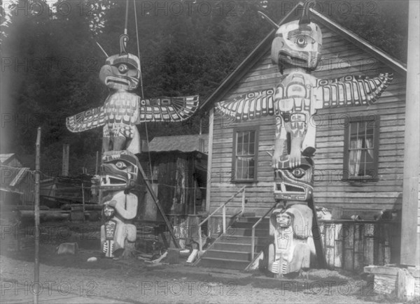 Carved posts at Alert Bay, c1914. Creator: Edward Sheriff Curtis.