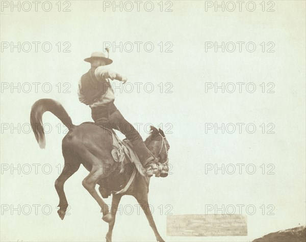 Bucking Bronco Ned Coy, a famous Dakota cowboy, starts out for the cattle round-u..., 1888. Creator: John C. H. Grabill.