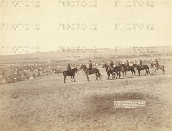 Gen Miles and staff viewing the largest hostile Indian Camp in the US, near Pine..., c1891. Creator: John C. H. Grabill.