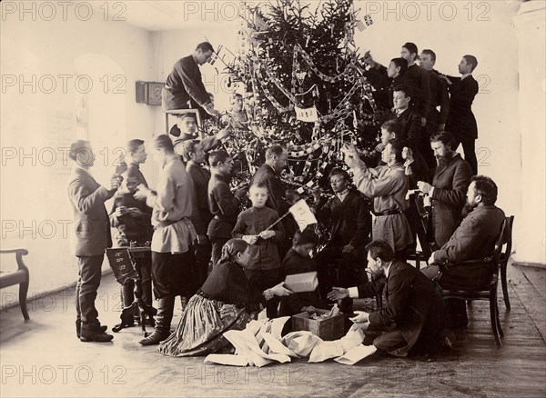 Decorating the Christmas tree at the Krasnoyarsk Teachers' Seminary, 1894. Creator: Lukhtanska.