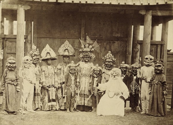 Lamas in masks and costumes participating in a religious dance (tsam)..., 1880-1889. Creator: Peter Adamovich Milevskiy.