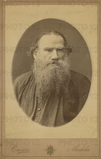 Count Leo Tolstoy, half-length portrait, facing right, between 1880 and 1886. Creator: Sass.