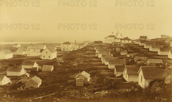 Unidentified village, possibly on Unalaska Island; Russian church with clock in the..., 1894 or 95. Creator: Unknown.