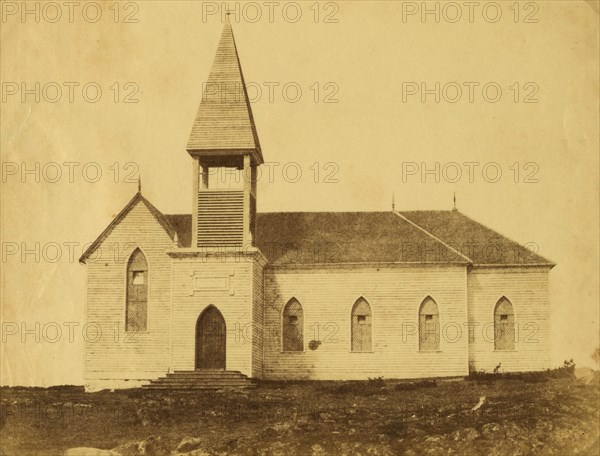 Exterior view of church, in the community around Fort Victoria on Vancouver..., between 1858 and 61. Creator: Unknown.