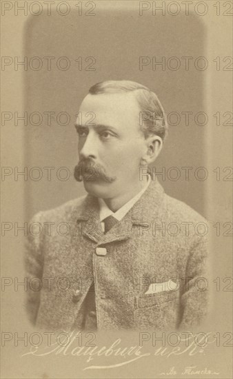 George Kennan, head-and-shoulders portrait, facing left, 1885. Creator: Unknown.