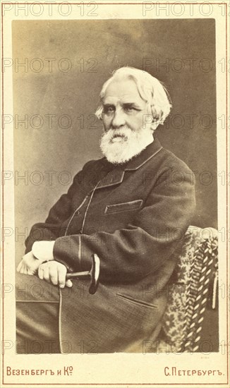 Ivan Sergeevich Turgenev, three-quarter length portrait, seated, facing left, between 1880 and 1886. Creator: Unknown.