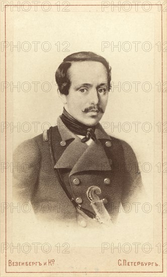 Mikhail Yuryevich Lermontov, half-length portrait, facing front, between 1880 and 1886. Creator: Unknown.