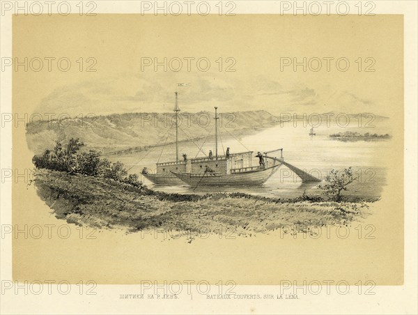 Flatboats on the Lena River, 1856. Creator: Ivan Dem'ianovich Bulychev.