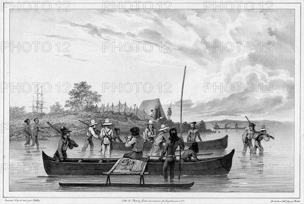 Departure for an excursion to the island of Ualan (the Carolinas), 19th century. Creators: Friedrich Heinrich Kittlitz, Godefroy Engelmann, Emile-Charles Wattier.