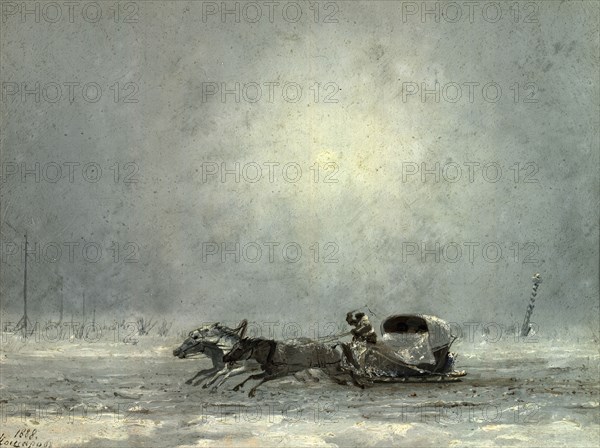 Postal Carriage in Winter (Minus 40 Degrees), 1888. Creator: Pavel Mikhailovich Kosharov.