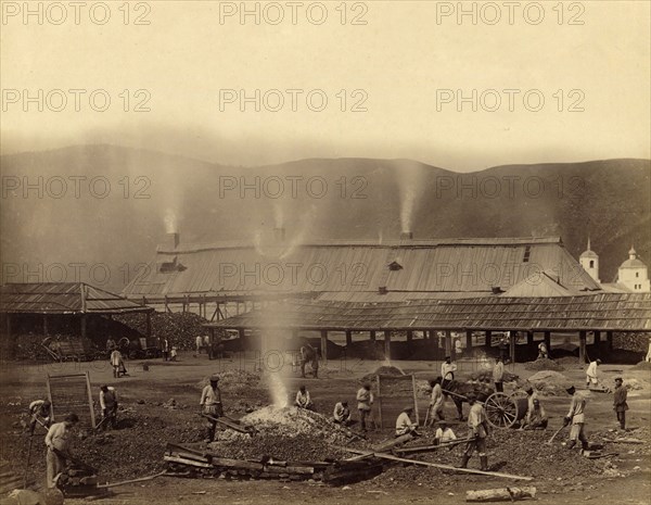 Hard Labor Convicts Roasting Ore in the Yard of the Kutomara Plant, 1891. Creator: Aleksei Kuznetsov.