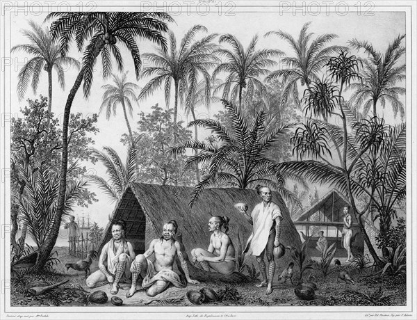 Dwellings, Lower Caroline Islands, 19th century. Creators: Alexander Postels, Victor Adam.