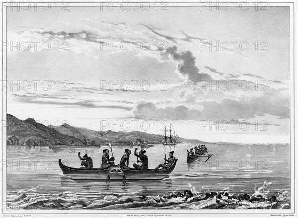 View of the Port of La Coquille In Kosrae Island, Caroline Islands, 19th century. Creators: Alexander Postels, Godefroy Engelmann, Emile-Charles Wattier.