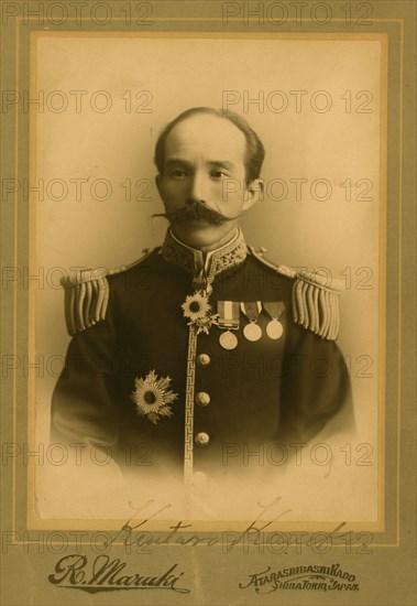 Baron Kentaro Kaneko, half-length portrait, in uniform, facing front graphic /, c1905. Creator: Maruki Riyo.