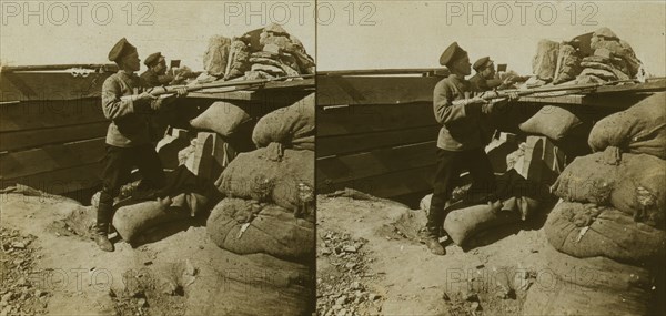 Inside a Russian fort during the siege - shell marks around a dummy gun - Port Arthur, c1905. Creator: Underwood & Underwood.