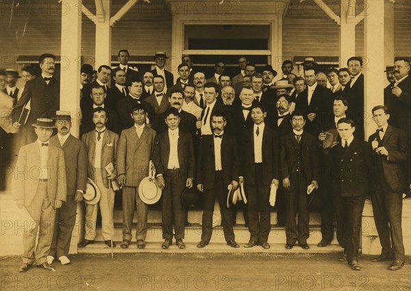 Japanese, Russian, French, German, American and English newspaper correspondents at Portsmouth, 1905 Creator: Unknown.