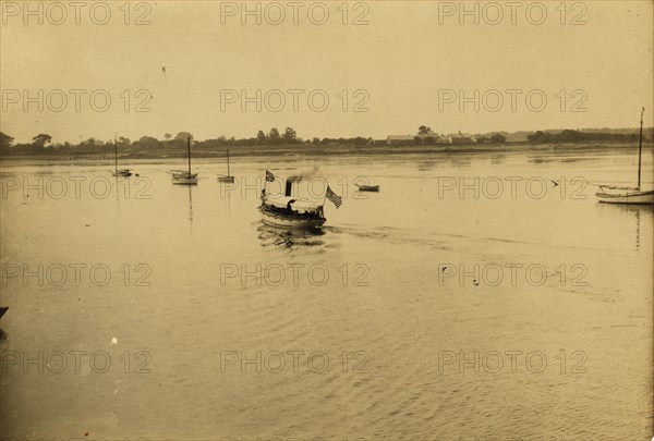 Proceeding to peace conference by steam launch, 1905. Creator: Unknown.