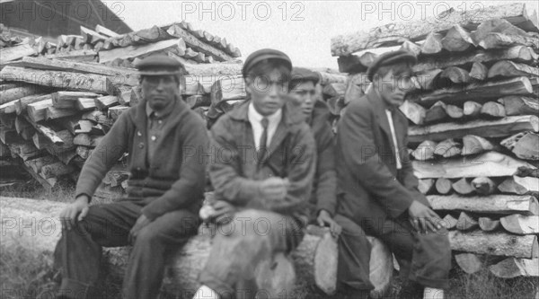 Men sitting on logs, between c1900 and 1916. Creator: Unknown.