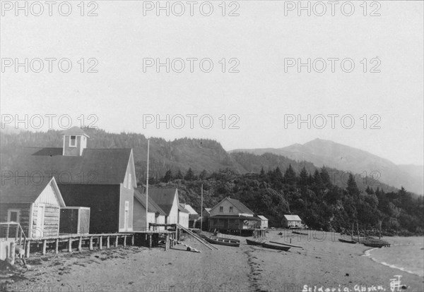 View of town and mountains, between c1900 and c1930. Creator: Unknown.