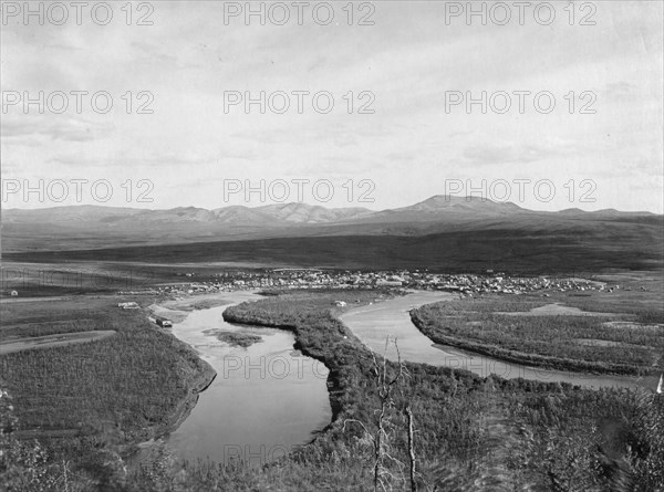View of town, mountains and streams, between c1900 and c1930. Creator: Unknown.