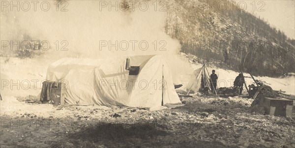 Winter camp of the survey party on the river bank., 1909. Creator: Vladimir Ivanovich Fedorov.