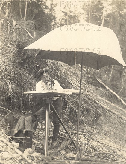 The moment of shooting with a mensula on a forest slope, 1909. Creator: Vladimir Ivanovich Fedorov.