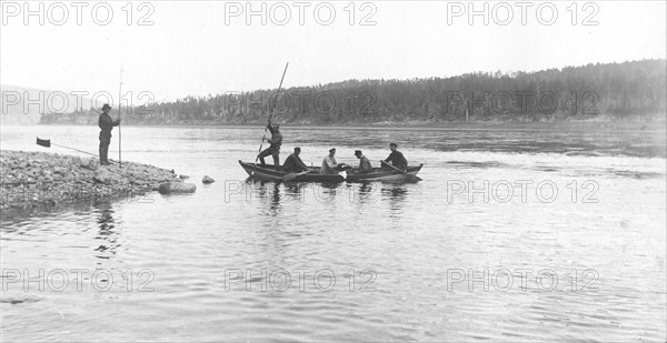 The moment of taking measurements of the river depth from a boat, 1909. Creator: Vladimir Ivanovich Fedorov.